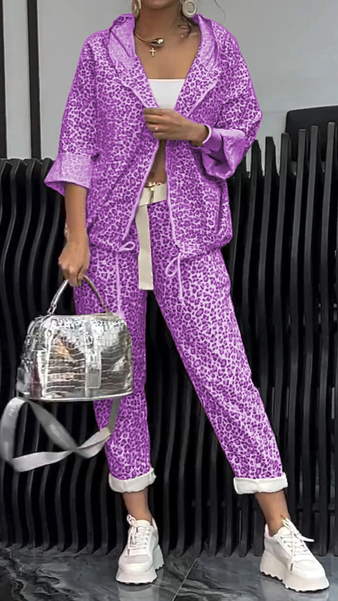 Women's Leopard-print Cardigan Short Suit